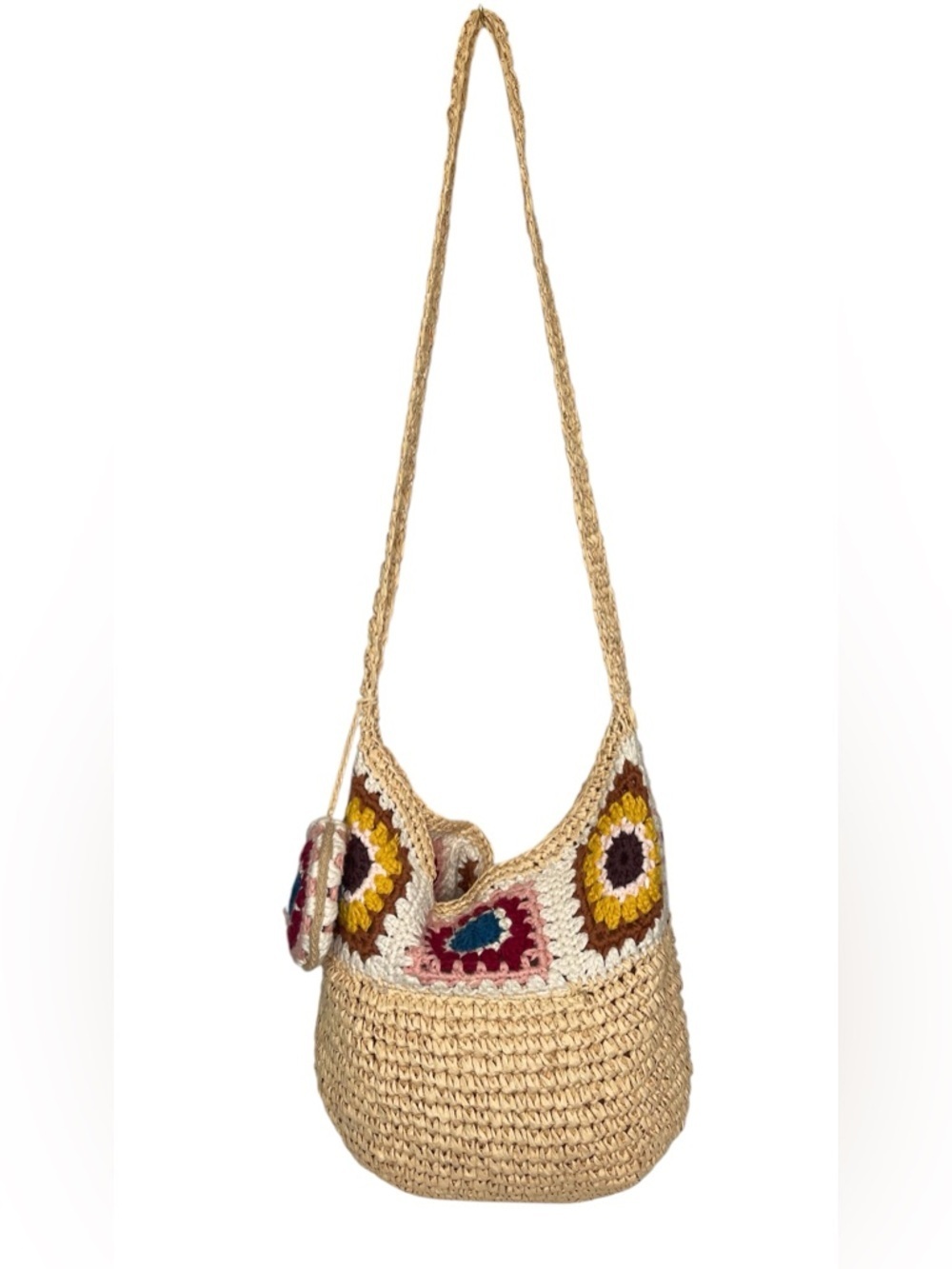 Zara Boho Crochet Straw WovenBag Granny Square Patchwork Festival Coastal Hippie - Picture 3 of 12